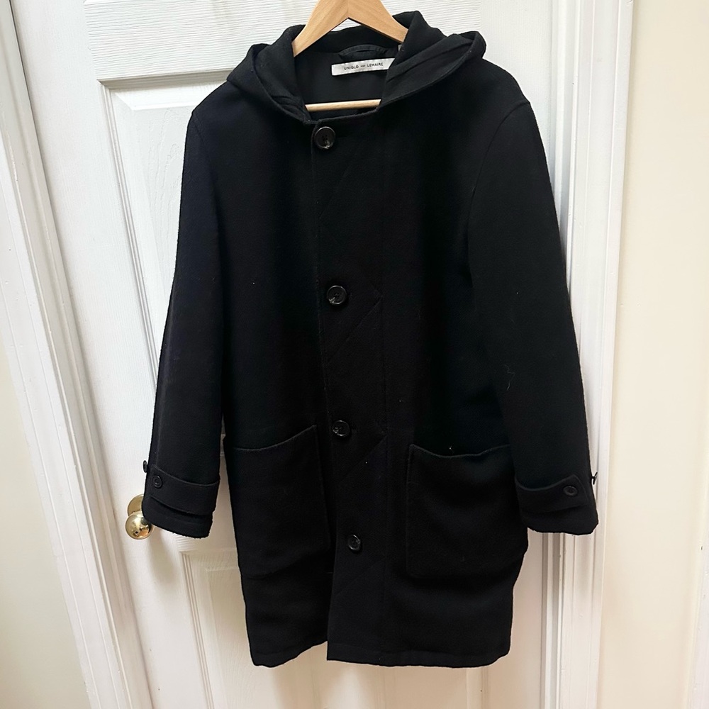 Uniqlo Lemaire Wool Blend Quilted Hooded Coat long Black Size L large